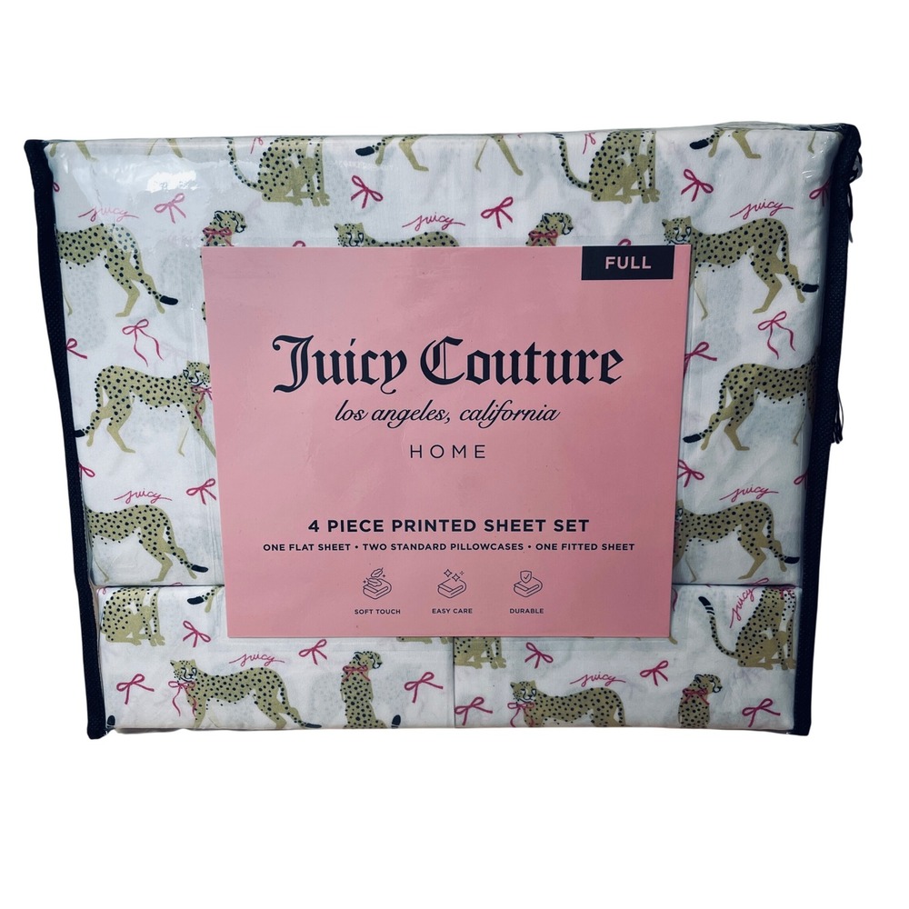 Juicy Couture Home Full Sheet Set 4 Piece Cheetah Pink Bow Print White New